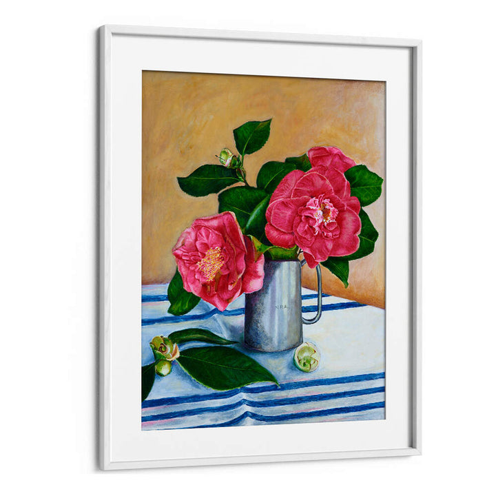 Vibrant Camelia Floral Flower Paintings in a silver vase, showcasing nature's beauty and artistic expression.