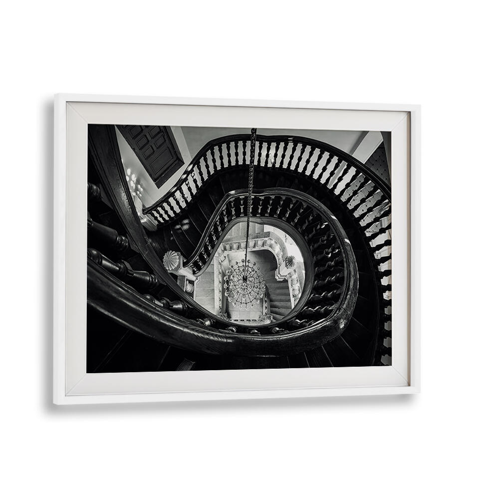 CHANDELIER AND STAIRS B&W , PHOTOGRAPHY PRINTS