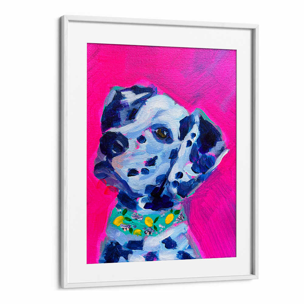 DALMATION , FASHION POSTERS colorful Dalmatian portrait on hot pink background with lemon-print collar — WHITEMOUNT