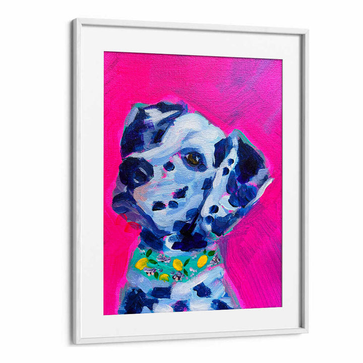 DALMATION , FASHION POSTERS colorful Dalmatian portrait on hot pink background with lemon-print collar — WHITEMOUNT