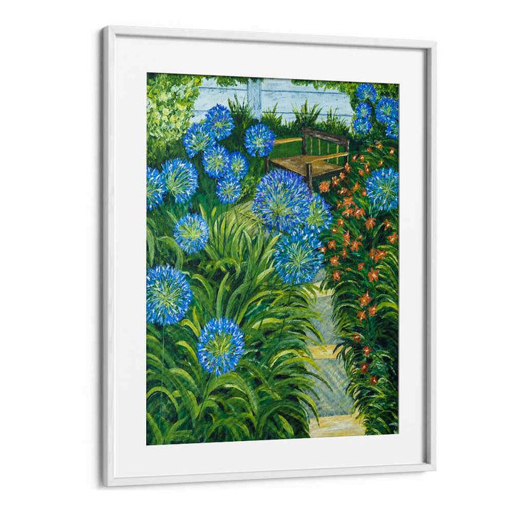Vibrant PATHWAY, FLORAL FLOWER PAINTINGS showcasing lush blue flowers and a serene garden path, perfect for any space.