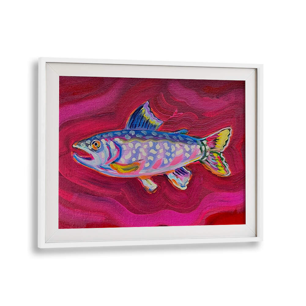 WHITEMOUNT TROUT , KITCHEN POSTERS colorful trout art print in white frame on magenta textured background