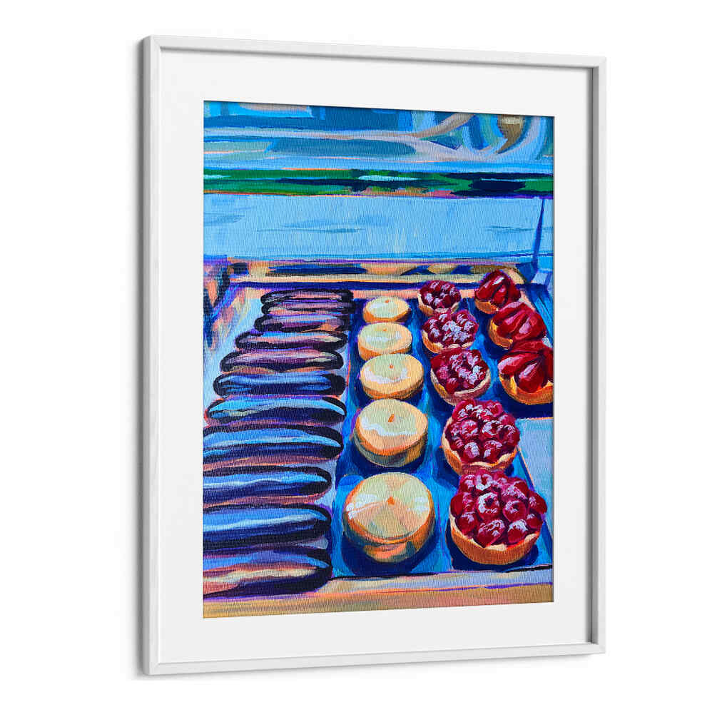 PÂTISSERIE , KITCHEN POSTERS by Whitemount — framed colorful bakery print of eclairs, round tarts and raspberry pastries