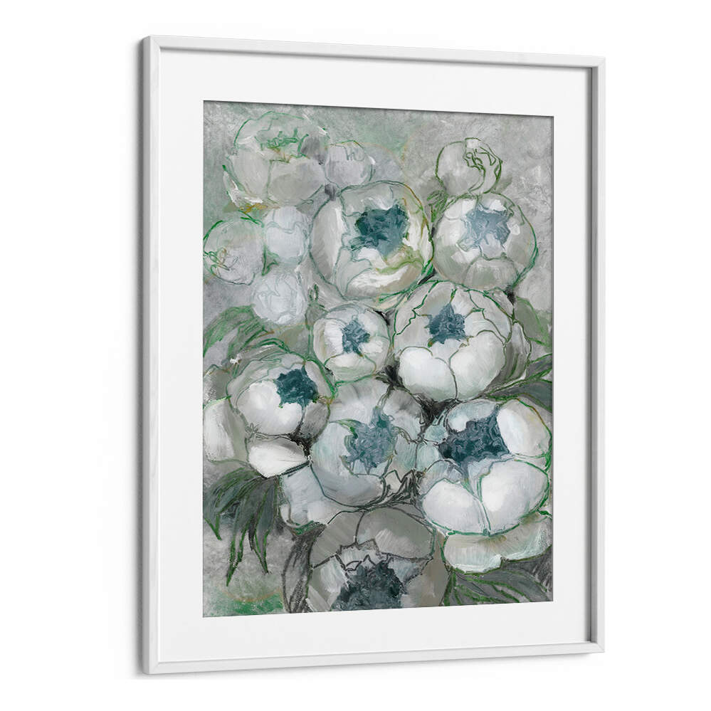 NURIA BOUQUET OF PEONIES IN TEAL AND GREEN , FLORAL FLOWER PAINTINGS