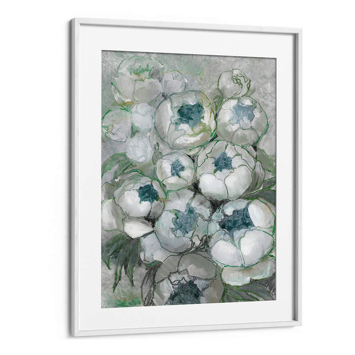 NURIA BOUQUET OF PEONIES IN TEAL AND GREEN , FLORAL FLOWER PAINTINGS