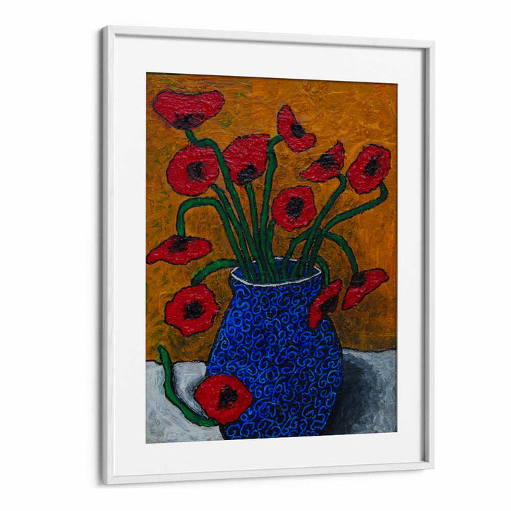 Vibrant POPPIES, FLORAL FLOWER PAINTINGS in a blue vase, perfect for transforming any space with elegance.