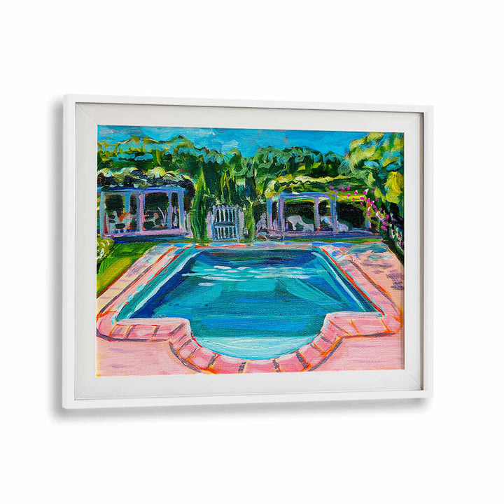 POOL AT THE CHÂTEAU , LANDSCAPE PAINTINGS — WhiteMount: sunlit château pool with reflective water, classical architecture and garden.