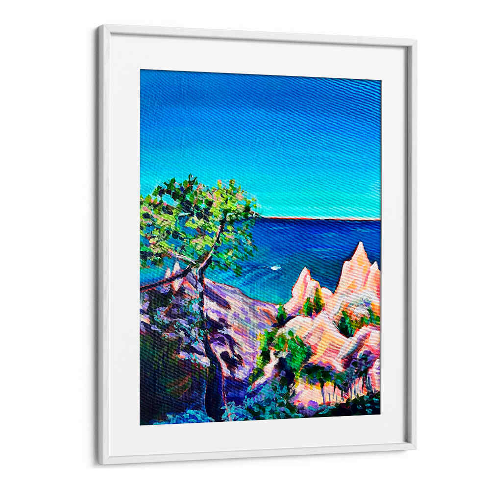 CHIMNEY BLUFFS , LANDSCAPE PAINTINGS by WhiteMount — coastal cliffs, lone tree and vivid blue horizon