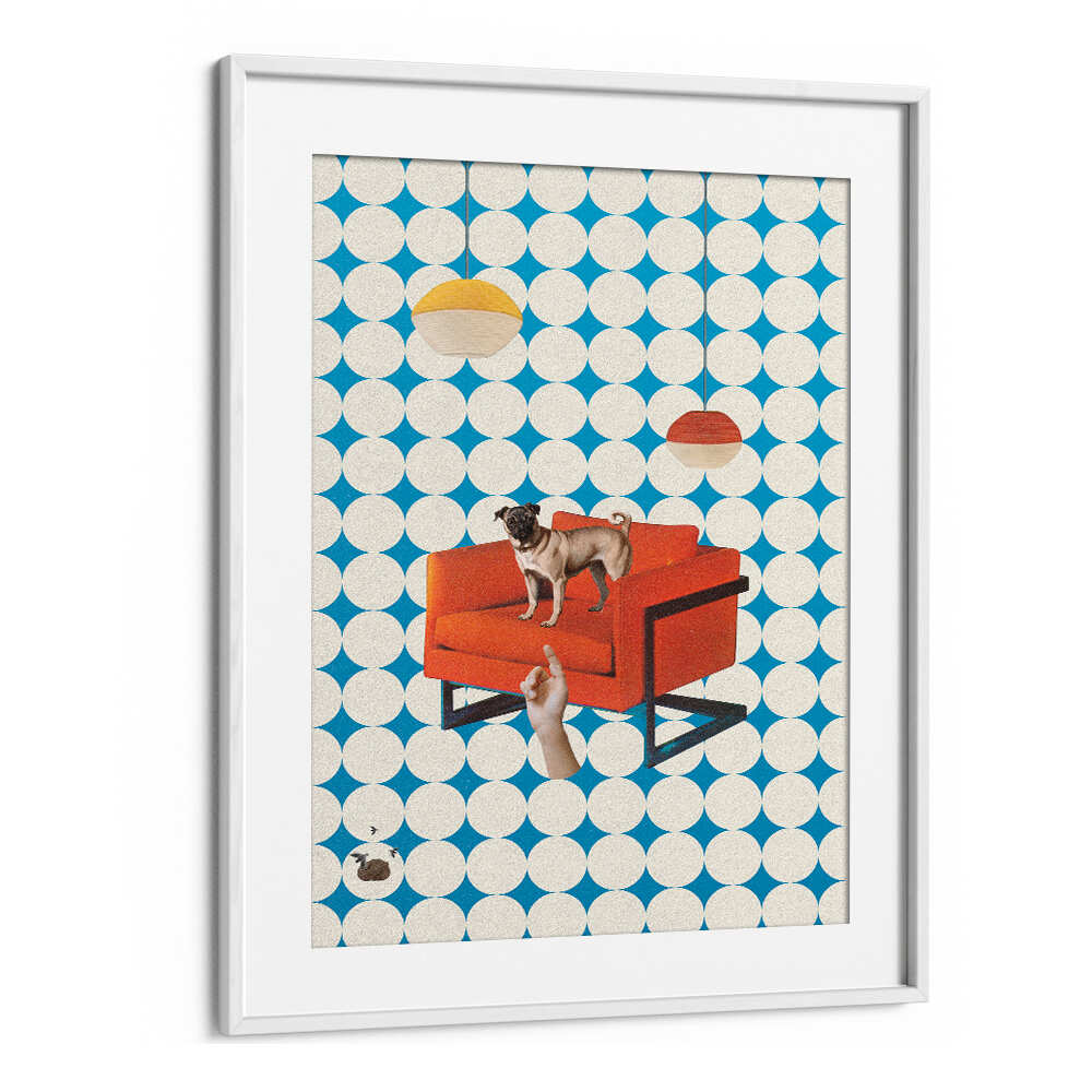 Surreal art print "IT WAS YOU" features a dog on a vibrant orange chair against a blue and white pattern.