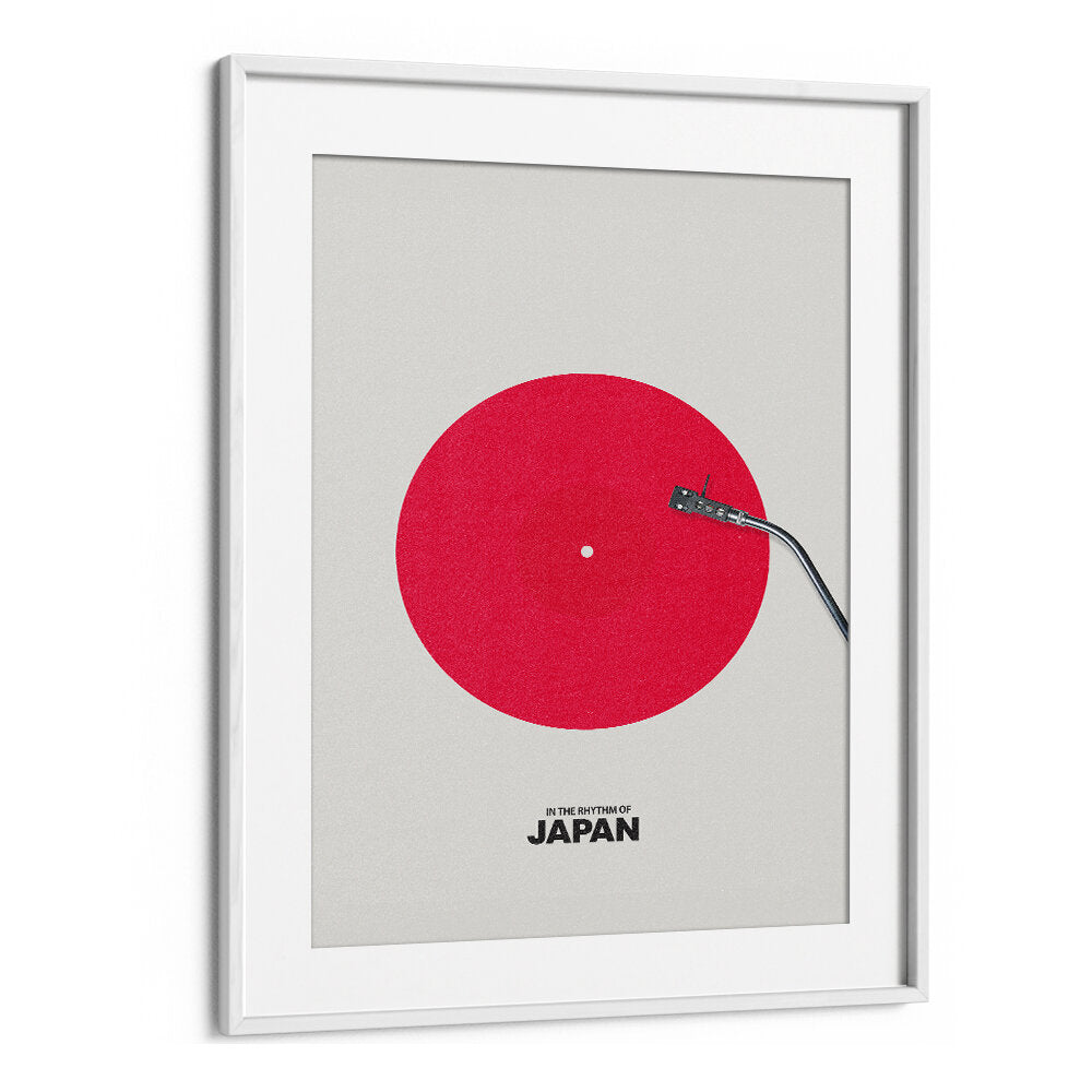 Stylish JAPAN RHYTHM, JAPANESE PAINTINGS artwork featuring a vibrant red circle and turntable design by WHITEMOUNT.