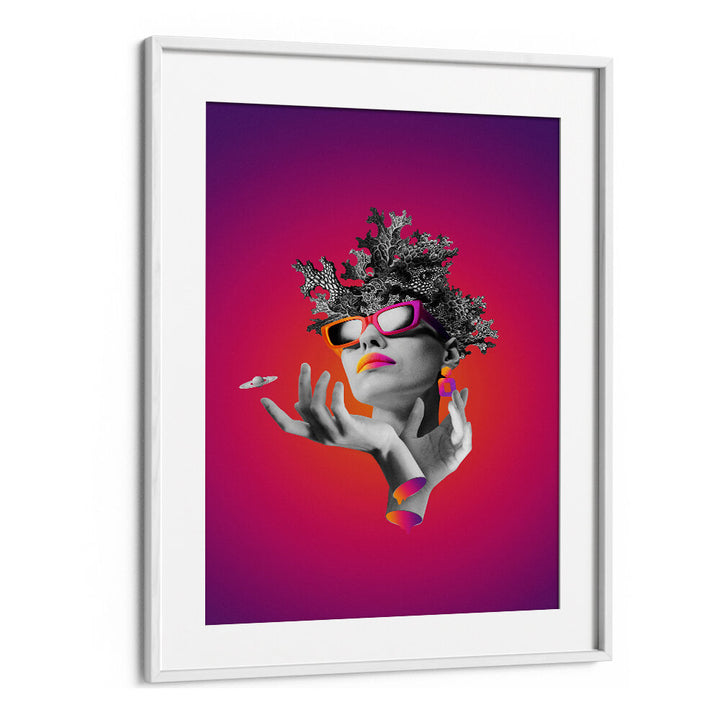 Surreal art print featuring a stylish lady with vibrant colors, titled LADY ON PINK, perfect for modern decor.