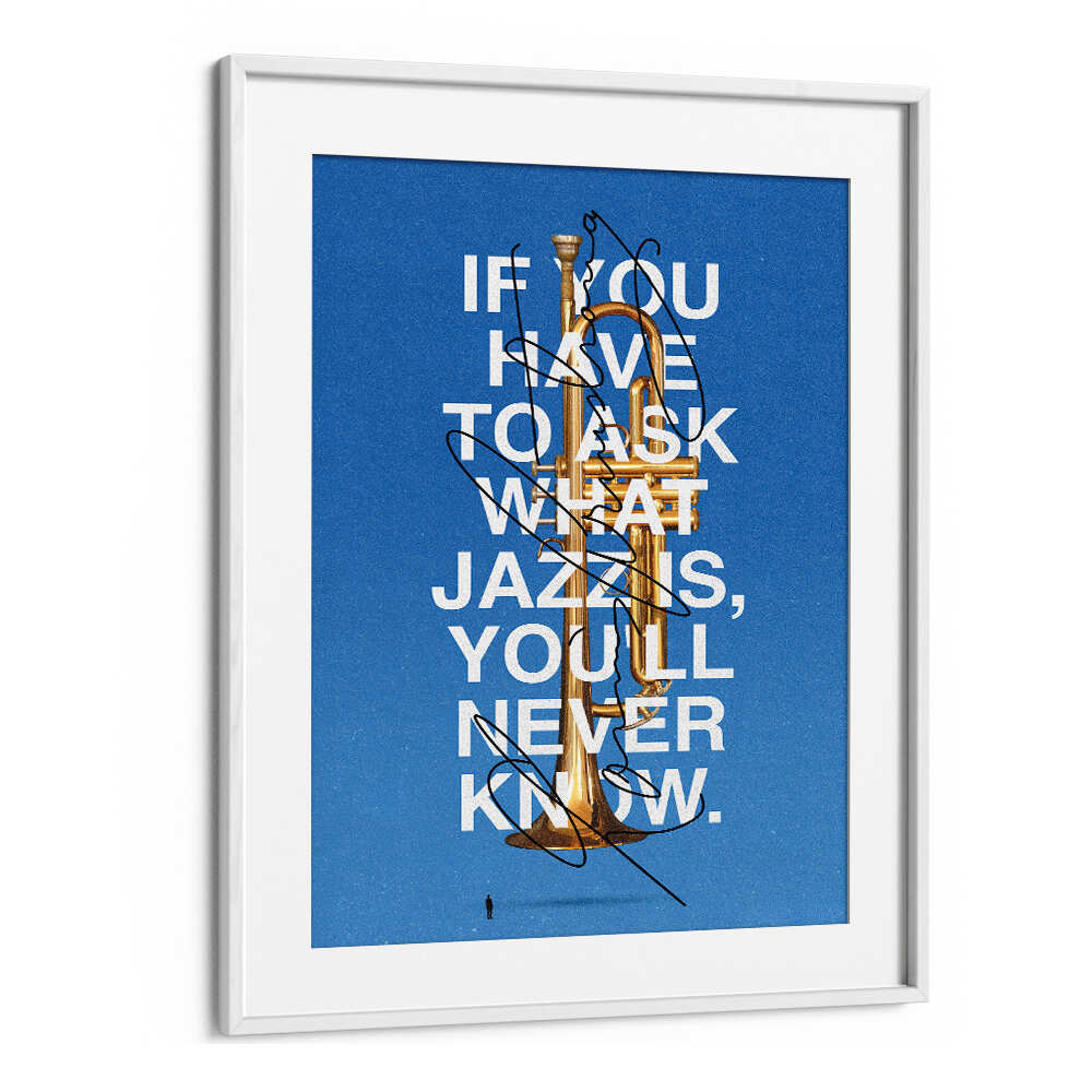 Stylish LOUIS, MUSIC POSTERS featuring a trumpet and jazz quote on a vibrant blue background. Perfect for music lovers.