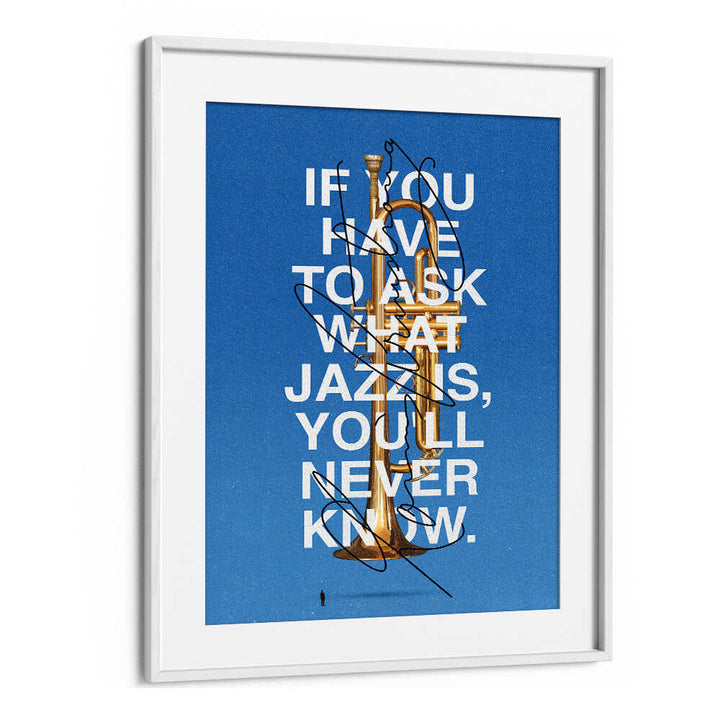 Stylish LOUIS, MUSIC POSTERS featuring a trumpet and jazz quote on a vibrant blue background. Perfect for music lovers.