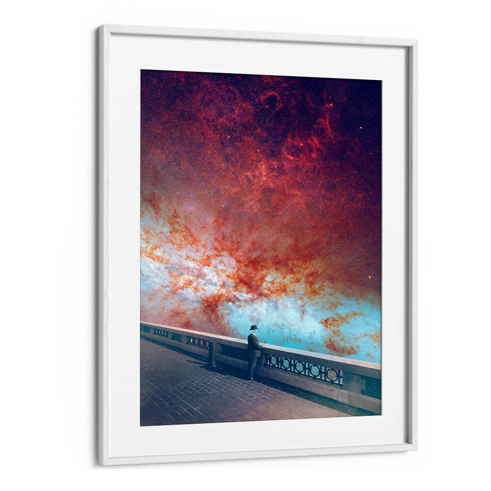 Framed MY-SPACE, SURREAL ART PRINTS showcasing a cosmic scene with a solitary figure, perfect for unique decor.