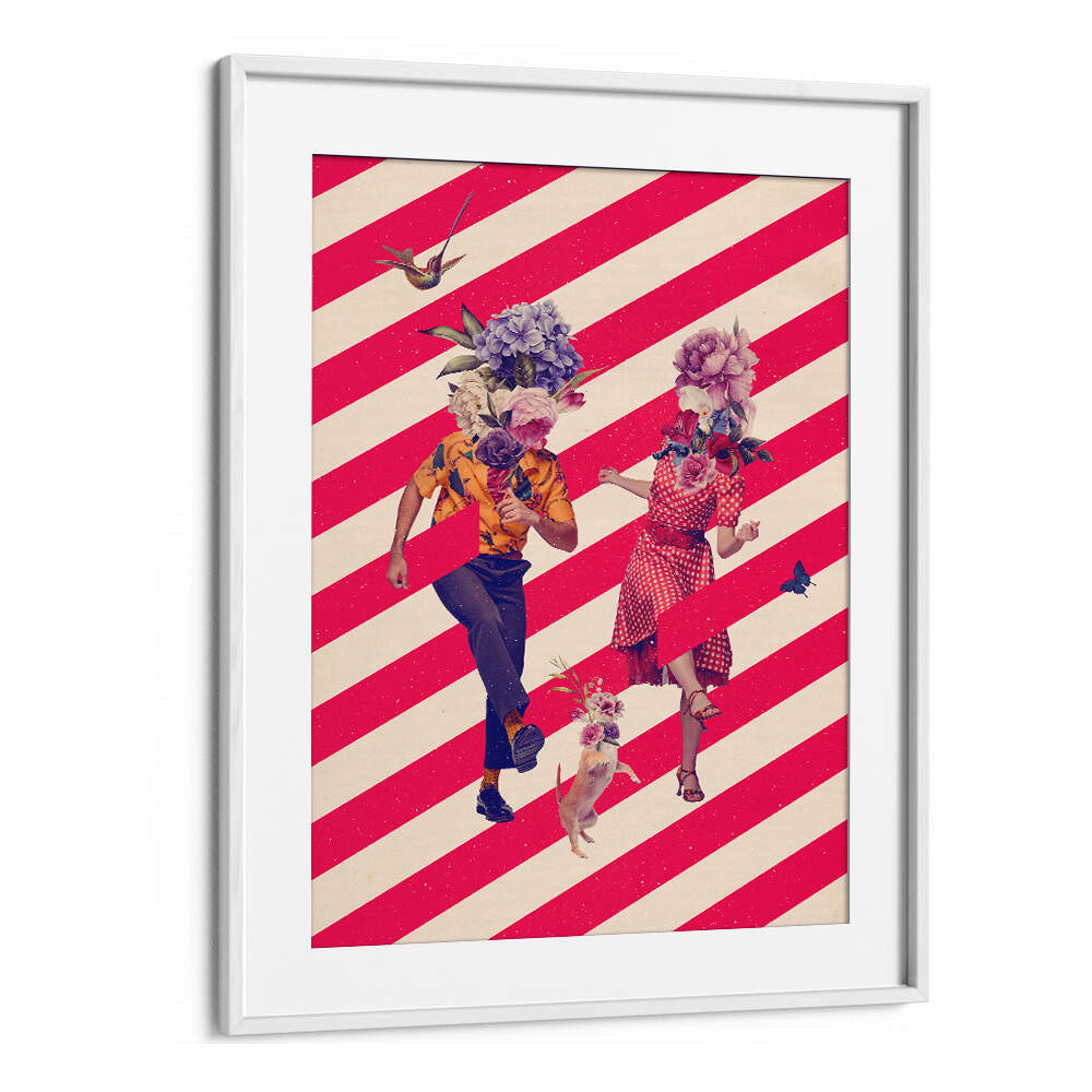 Vibrant PARTY TIME, SURREAL ART PRINTS featuring playful figures with floral heads on bold striped background.