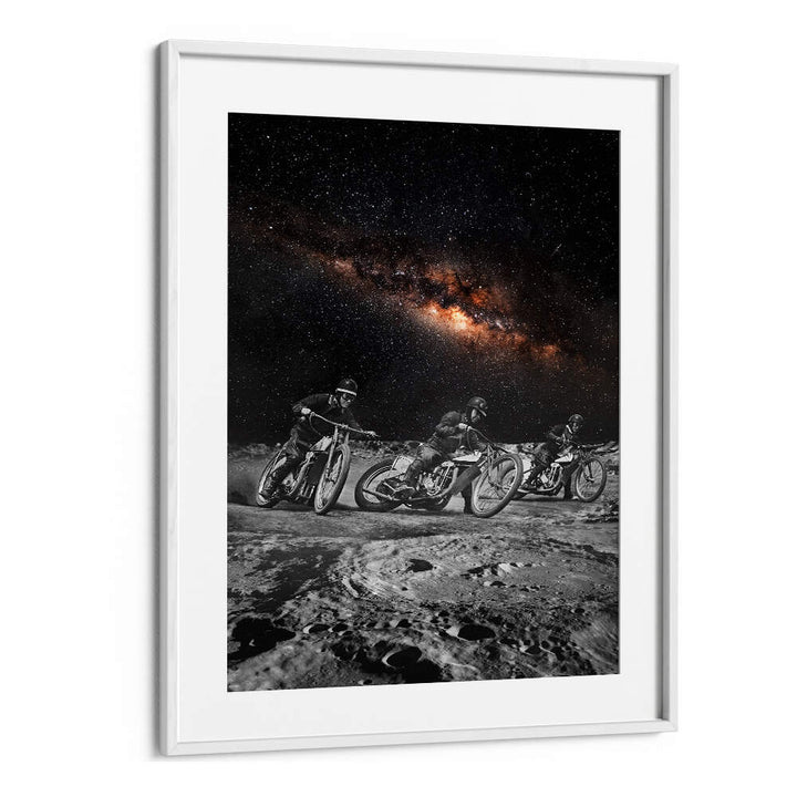 Surreal art print featuring motorbike riders racing through a cosmic landscape, perfect for art lovers. RIDERS, SURREAL ART PRINTS.