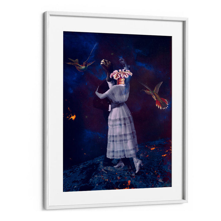 SLOW MOTION, SURREAL ART PRINTS feature a dancer surrounded by vibrant, surreal elements in a cosmic scene.