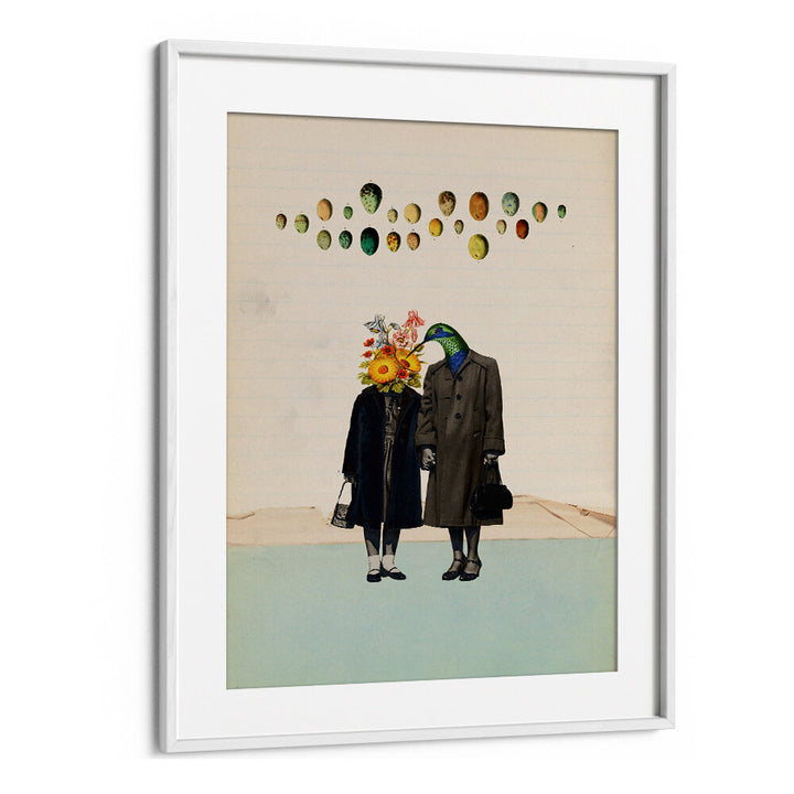 Surreal art print titled "SOULMATE" featuring whimsical figures with floral and bird elements, perfect for unique decor.