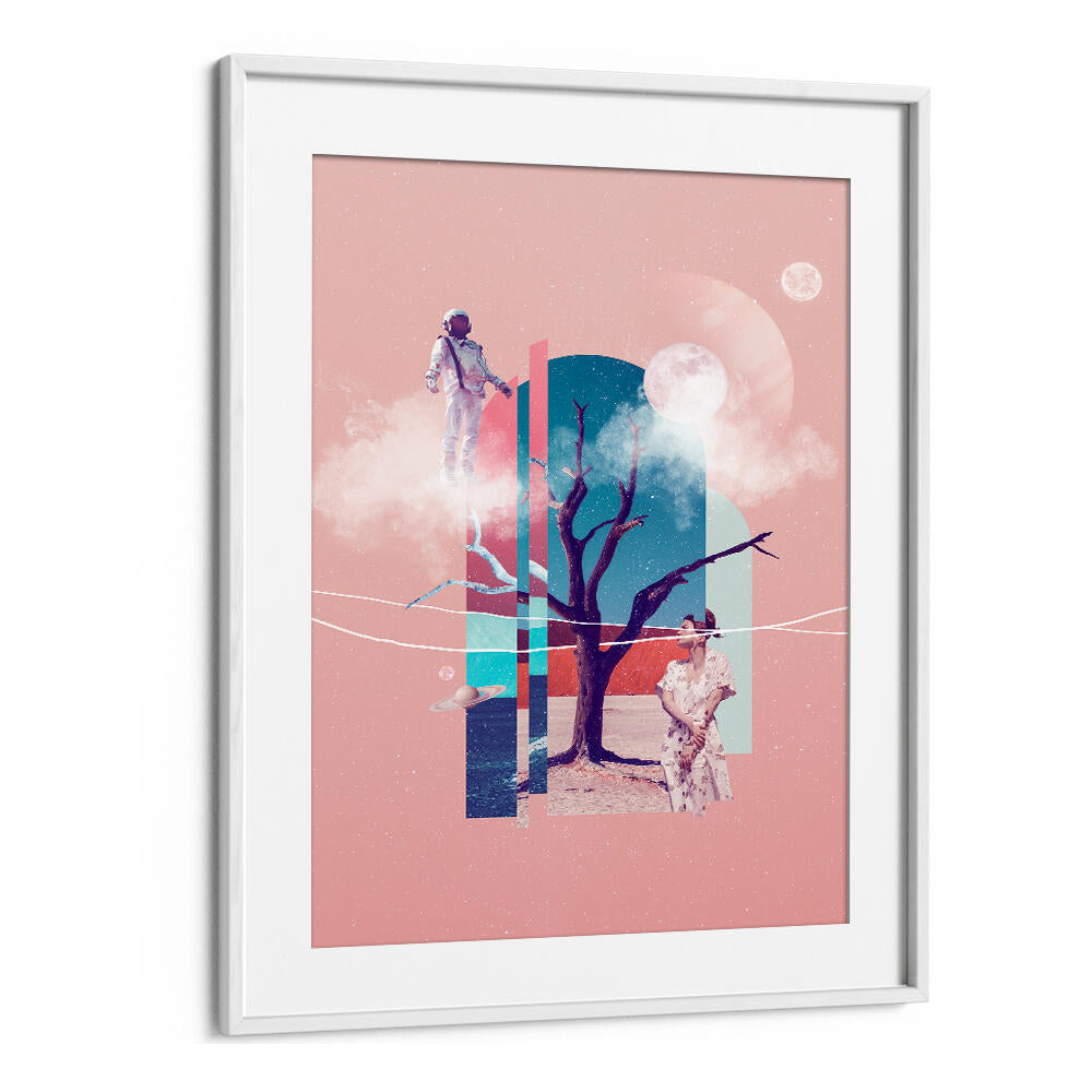Surreal art print titled "SPACE LOVE," featuring astronauts and a dreamy landscape, perfect for modern decor.