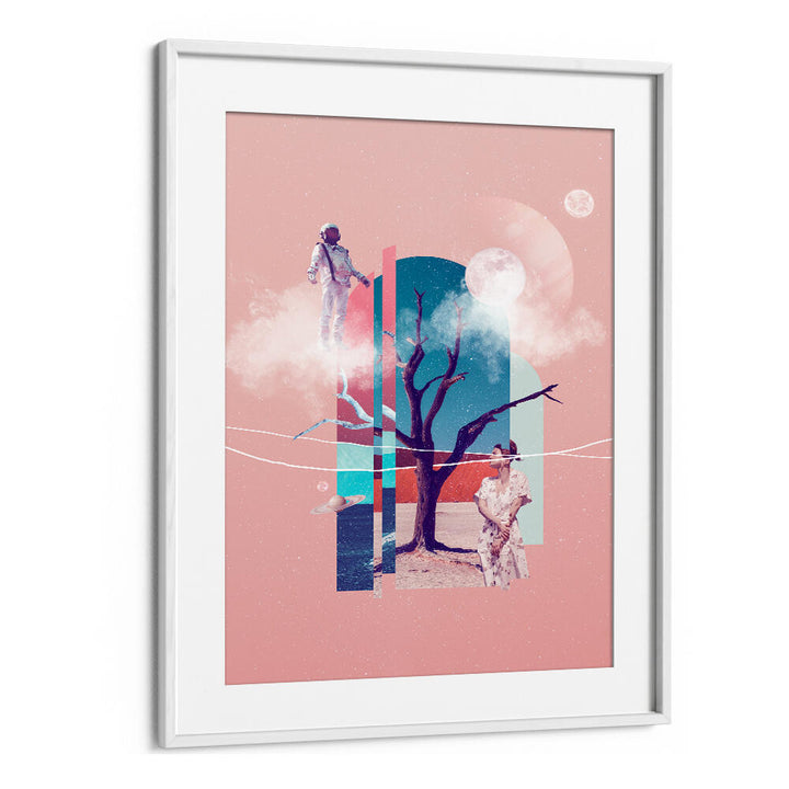 Surreal art print titled "SPACE LOVE," featuring astronauts and a dreamy landscape, perfect for modern decor.