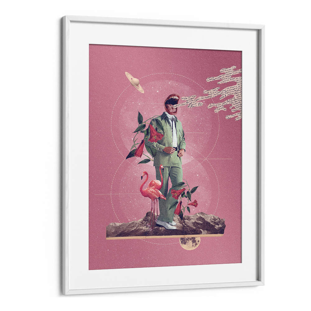 Surreal art print "TALK TO ME" features a vibrant composition with a figure, flamingos, and cosmic elements.