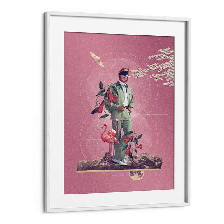 Surreal art print "TALK TO ME" features a vibrant composition with a figure, flamingos, and cosmic elements.