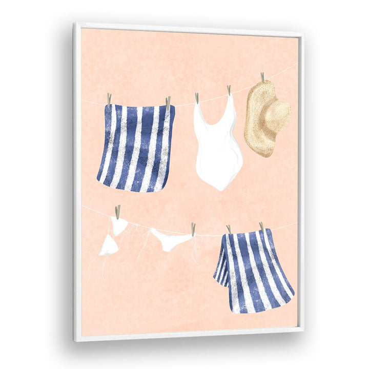 Whimsical AFTER THE SWIM, KIDS ROOM PAINTINGS featuring swimsuits and towels, perfect for a child's room decor.