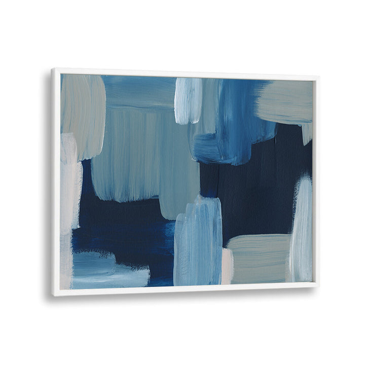 BRUSH STROKES , ABSTRACT PAINTINGS with blue and gray textured brush marks on white-framed canvas for modern decor