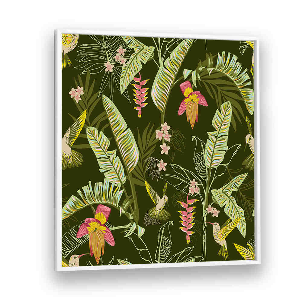 BANANA LEAVES AND HUMMINGBIRDS , FLORAL FLOWER PAINTINGS