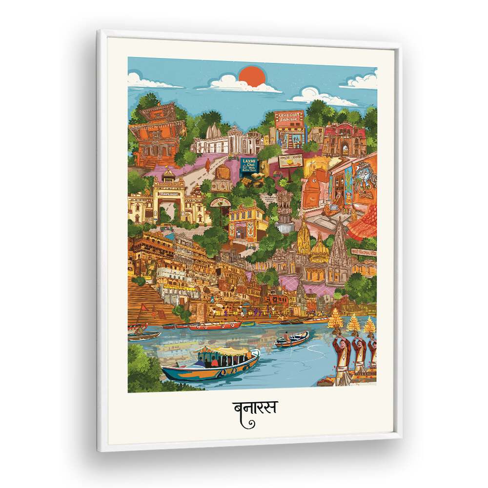 Colorful Varanasi travel poster showcasing iconic landmarks and river views, perfect for travel enthusiasts.