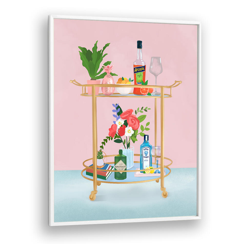 BAR CART , BAR print on pink backdrop featuring a gold bar cart with bottles, glass, and flowers.