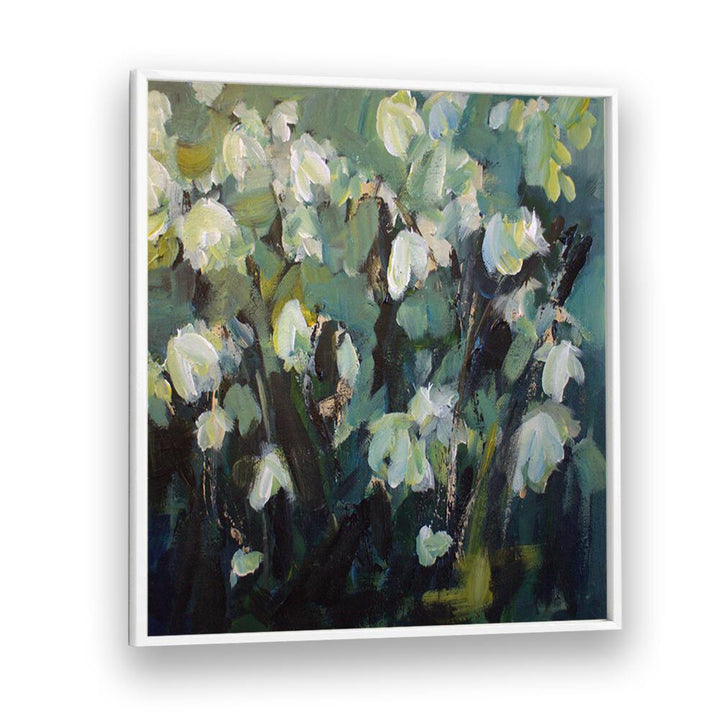 Delicate white flowers against a rich backdrop in BLOOMING SERENITY, FLORAL FLOWER PAINTINGS, embodying nature's beauty.