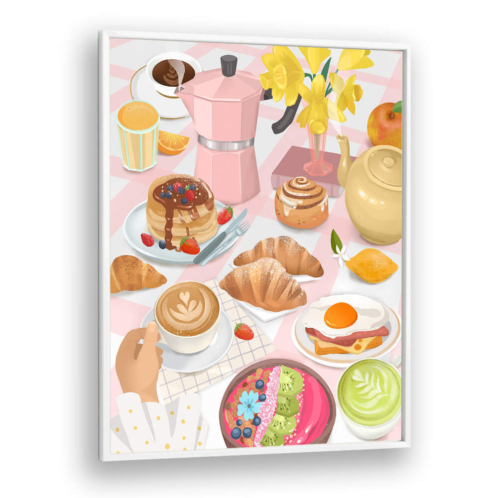 BREAKFAST kitchen posters by WhitePlain showcasing pancakes, croissants, coffee and brunch items