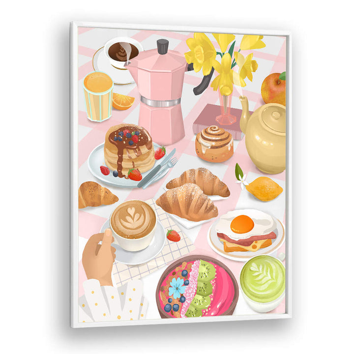 BREAKFAST kitchen posters by WhitePlain showcasing pancakes, croissants, coffee and brunch items