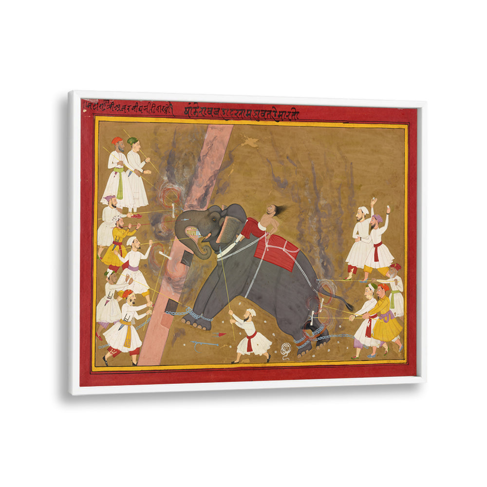 THE ELEPHANT KHANDERAO BAHADUR KILLING SHAM MAHAVAT , INDIAN ART PAINTINGS