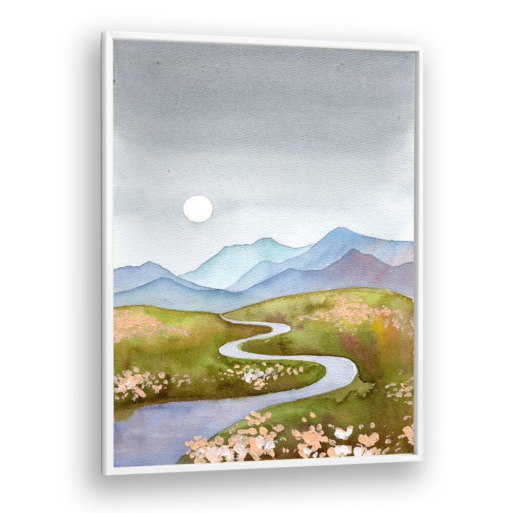 Serene BLUE GRAY HILLS landscape paintings featuring soft mountains and meandering rivers, perfect for home decor.