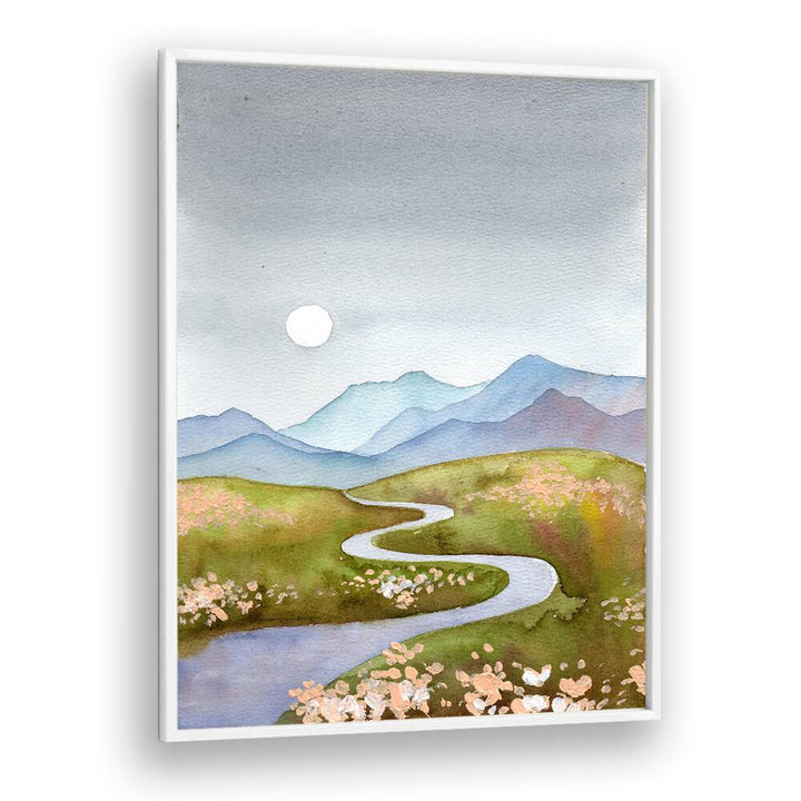 Serene BLUE GRAY HILLS landscape paintings featuring soft mountains and meandering rivers, perfect for home decor.
