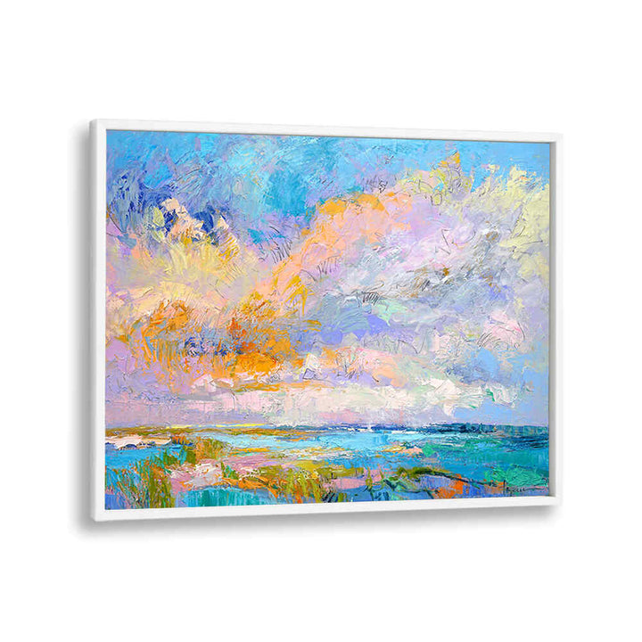 Framed COLORFUL , LANDSCAPE PAINTINGS featuring pastel coastal seascape with textured brushstrokes and vivid horizons.