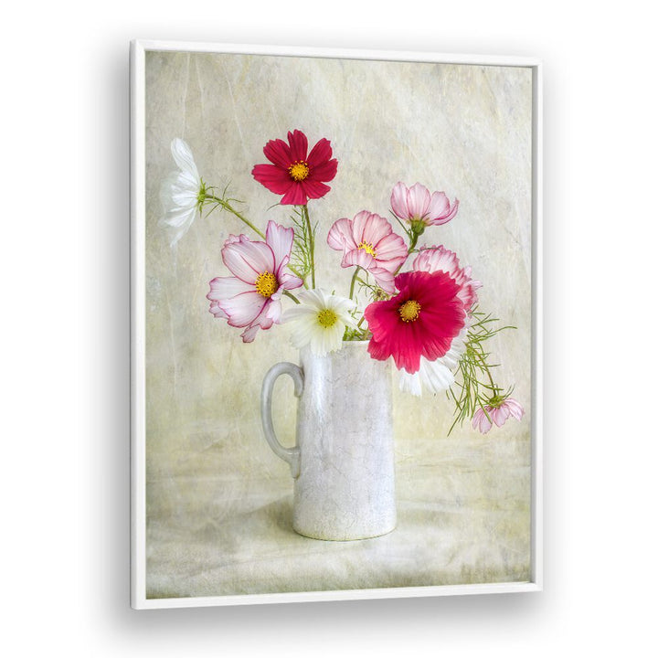 Vibrant COSMOS CARNIVAL, FLORAL FLOWER PAINTINGS display colorful flowers in a charming vase, perfect for events.