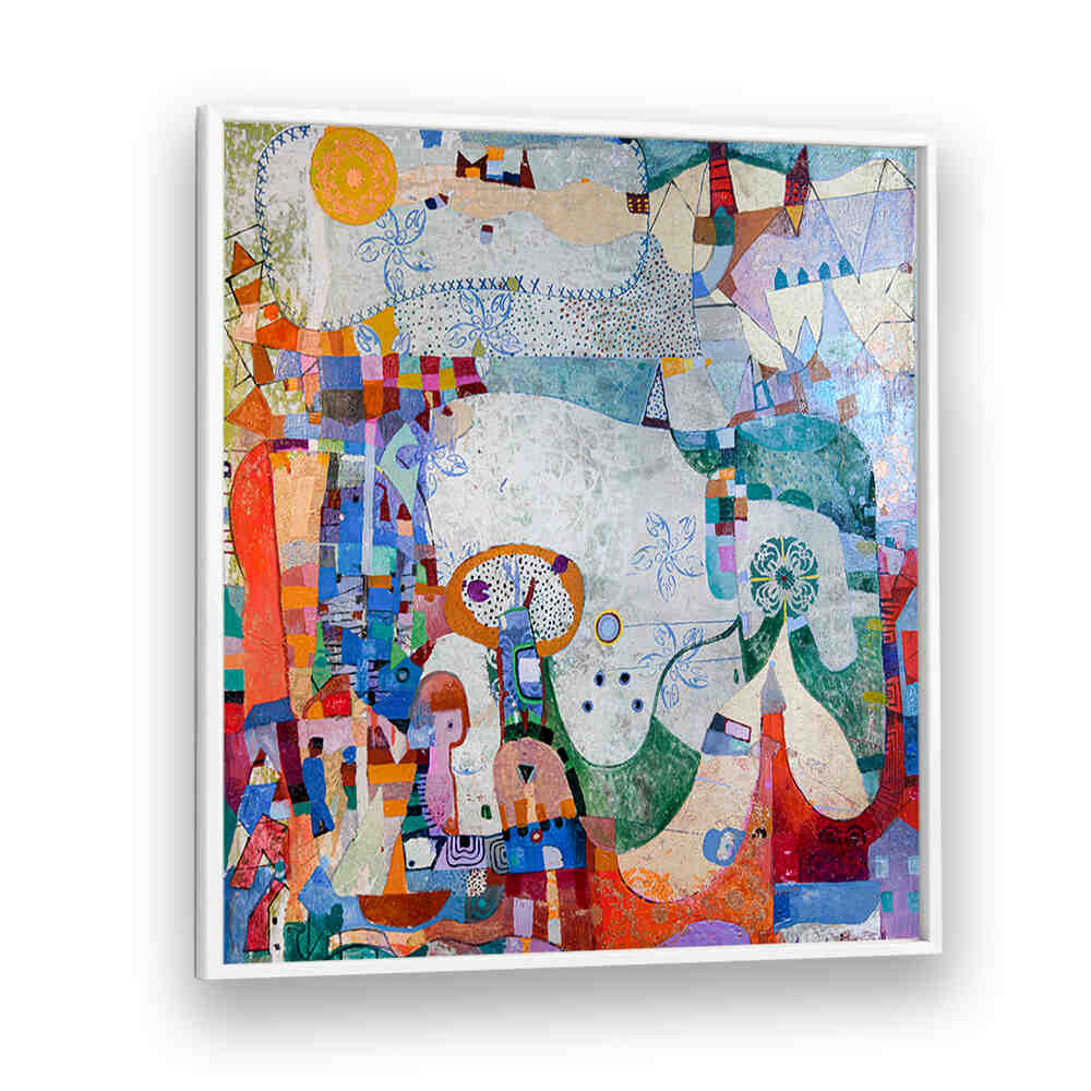 DISTANT VILLAGE , ABSTRACT PAINTINGS by Imagy, layered abstract landscape with muted earth tones and a hazy remote settlement