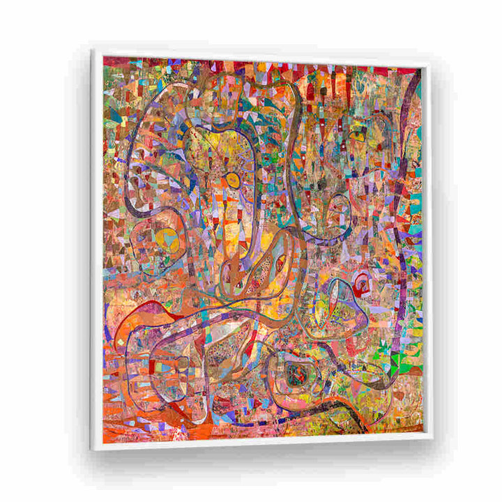 DYSTOPIA , ABSTRACT PAINTINGS vibrant layered canvas with swirling lines, mosaic textures, and warm colors for modern interiors