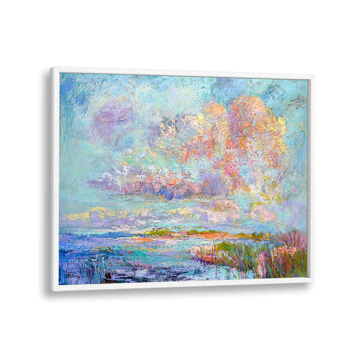 DREAMSCAPE HUES , LANDSCAPE PAINTINGS framed pastel coastal marsh with vibrant clouds, textured brushstrokes and grasses