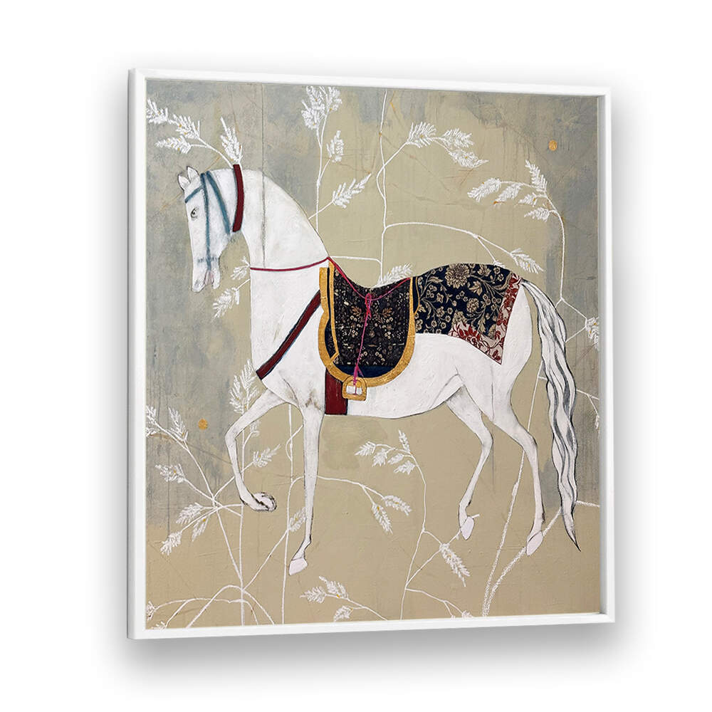 Stunning EQUESTRIAN ELEGANCE TAPESTRIES, ANIMAL PAINTINGS showcase a majestic white horse in elegant decor.