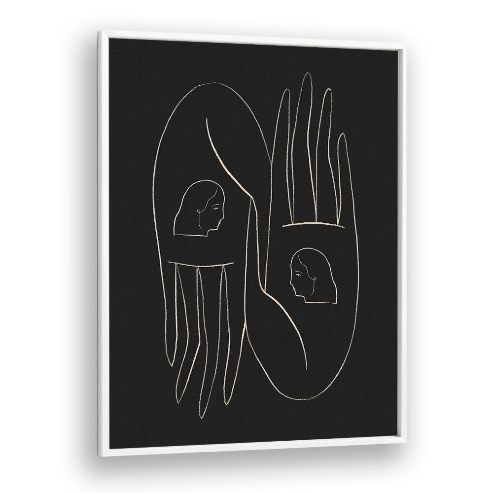 Artistic representation of FRIENDLY HANDS, LINE ART PAINTINGS featuring elegant line art on a black background.
