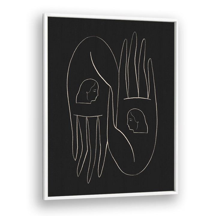 Artistic representation of FRIENDLY HANDS, LINE ART PAINTINGS featuring elegant line art on a black background.