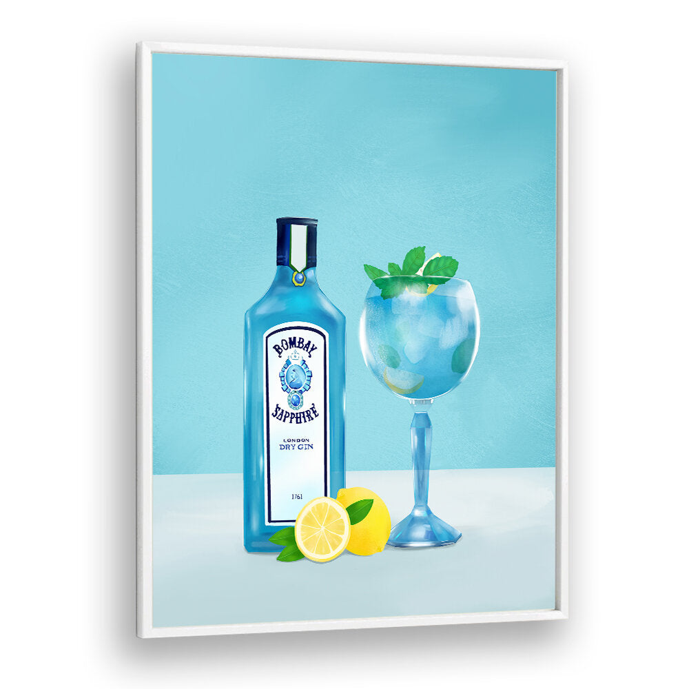 GIN COCKTAIL , BAR art: Bombay Sapphire gin bottle beside a blue cocktail glass with lemon.
