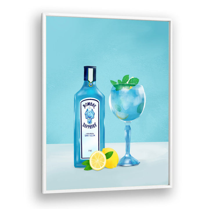 GIN COCKTAIL , BAR art: Bombay Sapphire gin bottle beside a blue cocktail glass with lemon.