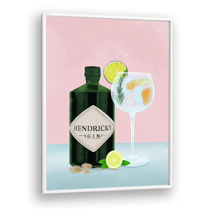 Hendrick's GIN TONIC , BAR art print with gin bottle and glass, lime garnish for bar & cafe.
