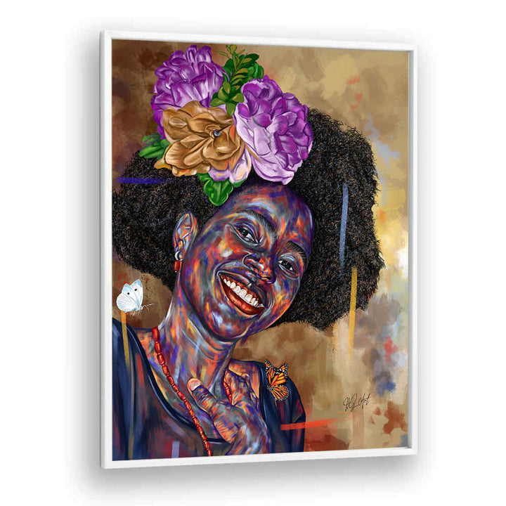 GOOD FEELINGS , PORTRAITS vibrant painted portrait of a smiling woman with floral crown and butterflies