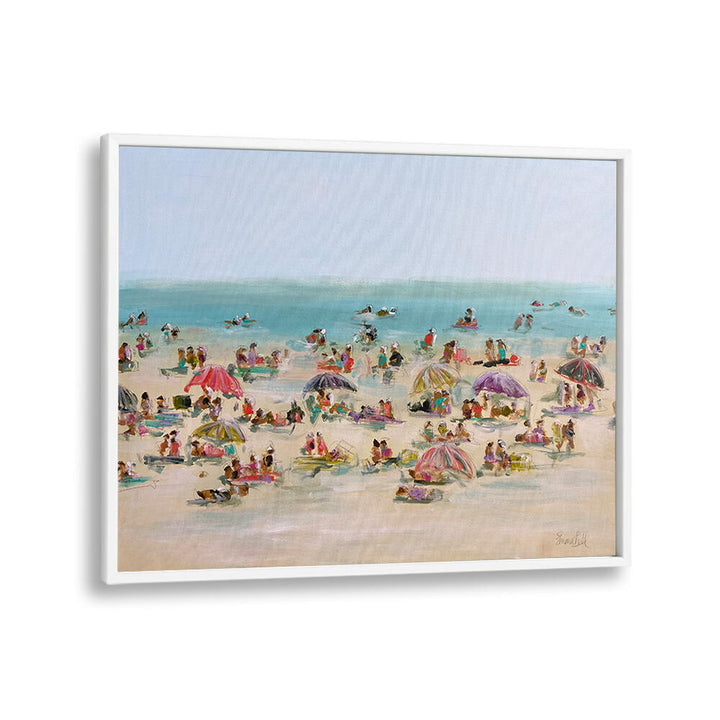 Enchanting IMPRESSIONIST BEACH SCENE, BEACH PAINTINGS filled with vibrant umbrellas and joyful beachgoers, perfect for decor.